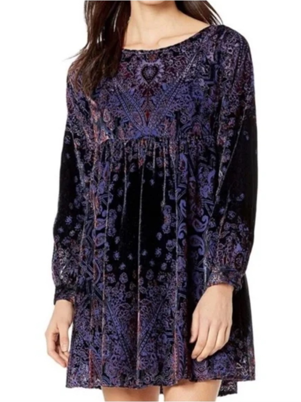 Free People Indigo Mirror Mirror Burnout Velvet Long-Sleeve Mini Dress